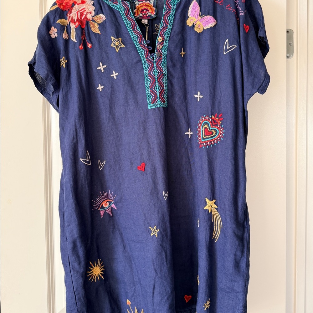 Johnny Was Linen Navy Dress with Multicolor Embroidery